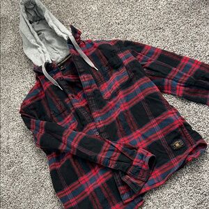 DC Red and Black Plaid Shirt with Gray Hood